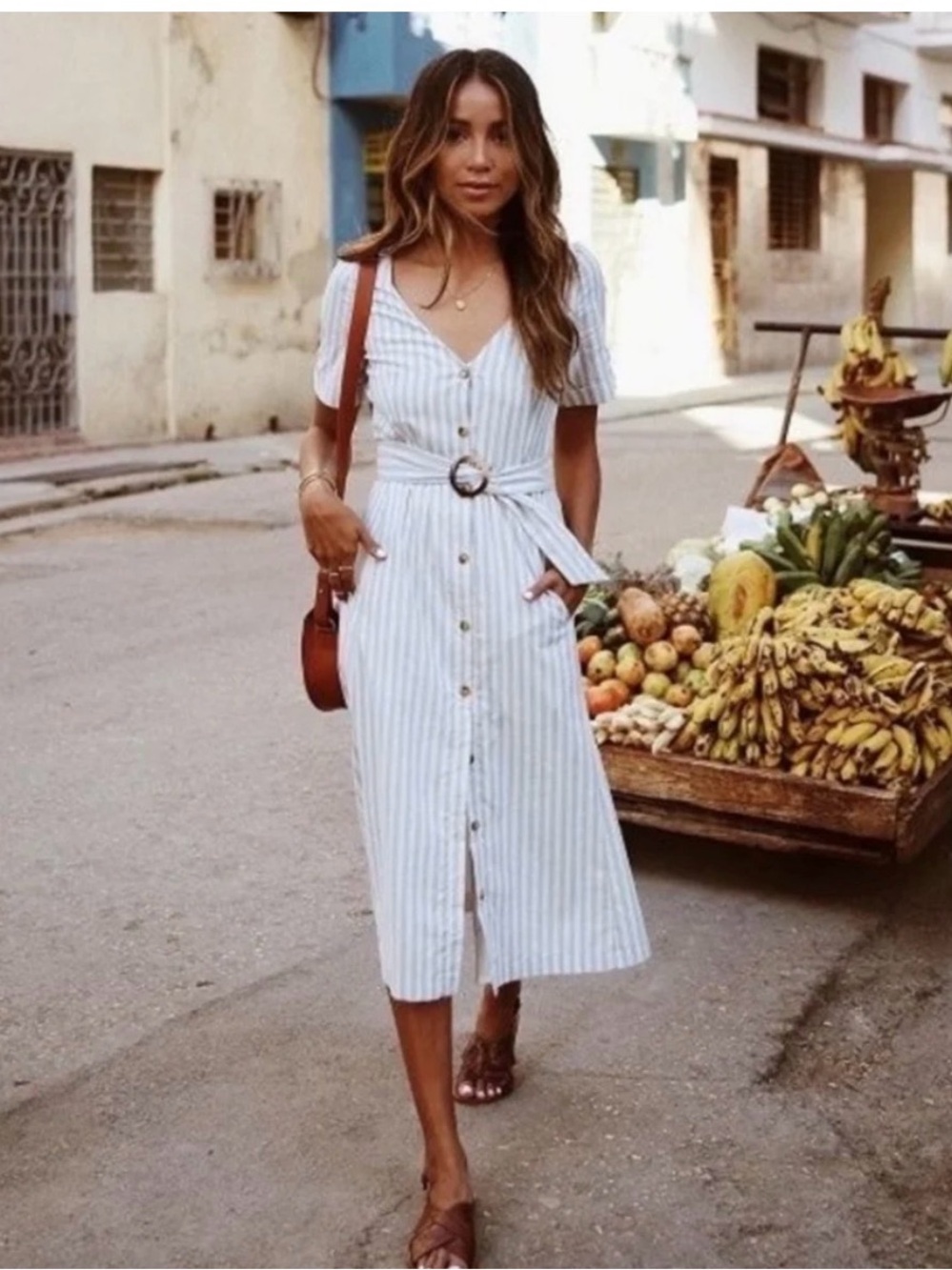 Sezane Marianne Striped Blue & White Button-Front Midi Dress, Size 34 - No Belt
